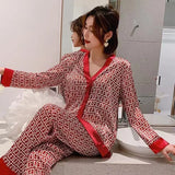 Spring and Summer New Ice Silk Pajamas Homewear Set Girls Long-Sleeved V-Neck Cardigan Simulation Silk Lapel Pajamas Homewear Se