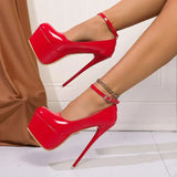 Zoki Fashion Pink Stiletto Heel Pumps Women Plus Size Super High Heel Shoes Woman Patent Leather Ankle Buckle Party Shoes 45
