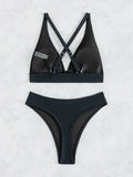 Solid Color Black Swimsuit for Women 2026 Summer High Waist 2-piece Bikini Set Beach Bathing Suit Bandage Vacation Swimwear