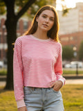 Spring Autumn Casual Loose Tops for Women Long Sleeve Round Neck Loose Fit Striped Print T-shirts