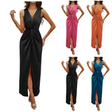Evening Party Dress For Womens Summer Elegant Formal Dresses Sexy Sleeveless Deep V Neck Pleated Long Vestidos With High Split