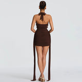 FDYOUI Elegant Halter Neck Water Drop Decoration Party Club Dress for Women 2026 Backless Bandage Folds Short Evening Dresses