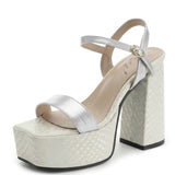 Silver Women Sandals Square Toe 12.5cm High Heel 4.5cm Platform Buckle Strap Large Size 43 44 45 46 Sexy Dating Shoes