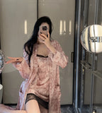 Ice Silk Sexy Pajamas Women's Spring and Autumn Suspender Lace Nightgown Robe High-end Home Clothes