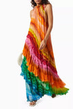 Rainbow Stripe Sleeveless Long Dresses Women Fashion Fold Layered Loose A-line Maxi Dress Temperament Lady Commuting Vestidos