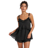 Women's Summer Solid Color Romper Dress Sleeveless Tie Spaghetti Strap Ruffle Jumpsuit Shorts Playsuit