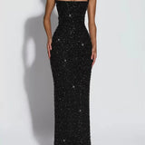 Women's Sequin Maxi Dress Burgundy Square Neck Sleeveless Bodycon Evening Gown Formal Party Prom Cocktail Mermaid Long Dresses
