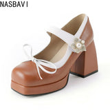 Purple Women Pumps Square Toe 9cm For Women Mary Janes Lolita Block Heel Platform Bowknot Princess Leather Shoes Big Size 34-48
