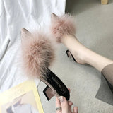 Women's Half Slippers New Summer Sexy Pointed Temperament High-heeled Slippers Female Fashion Furry High Heels Solid Slides