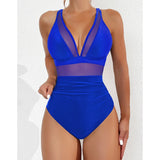 S - XL New Sexy Mesh Sheer V Neck Women Swimwear One Piece Swimsuit Female High Leg Cut Monokini Bather Bathing Suit Swim V5136