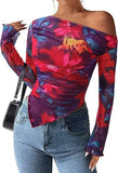 Women's Off-Shoulder Ruffled Sleeve Long-Sleeve Top with Asymmetrical Tie-Dye Mesh Asymmetrical Pleated Floral Print T-Shirt