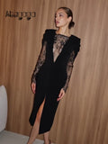 Ahagaga Eelgant Lace Women's Dress Patchwork Long Sleeves Autumn Party Slim Fit Sheath Velvet Sexy Split Trend Female Vestidos