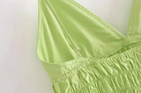 Foridol Elastic Smocking Green Cotton V Neck Summer Women's Dress Sleevless Long Green Maxi Casual Strapy Dress Solid Female