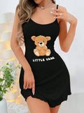 Women Summer Sleepwear Littler Bear Printed Suspenders Mini Dress Comfortable Home Leisure Sexy Nightgowns Nightdress