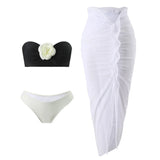 sexy 3d flower bandeau bikinis sets 3pcs with long mesh split skirt black white patchwork swimsuit bathing suit beach outfits