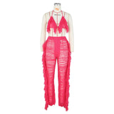DEKAWomen Tassel Pants Knitted Bra Top Bikini Set Swimsuit Handemade Crochet Bikini Cover Up Tassel Beach Long Wrap Pant