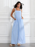 Women Fashion Jumpsuits Sleeveless Buttons Suspender Wide Leg Pant Overalls with Pockets Casual Loose Romper Streetwear