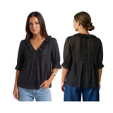 Women's Summer Blouse Solid Color Ruffle Flounce V Neck Short Sleeve Button Down Tops Casual Loose Shirts