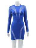 Ahagaga Fashion Mesh Patchwork Sexy Mini Dresses Women Streetwear Regular Casual O-neck Slim Skinny Vestidos Robes Full Sleeve