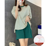 Large Size with Cushion Pajamas Women Summer Loose Striped School Leisure Homewear Two-Piece Set Green Korean Fashion Sleepwear