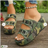 Women Denim Belt Buckle Wedge Heels Slippers Summer2026 Non Slip Thick Sole Beach Slippers Woman Fashion Buckle Platform Sandles