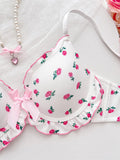 Sweet Floral Print Women Lingerie Set Bow Ruffle Trim Underwire Bra Comfy ladies Panties Daily Bra Set
