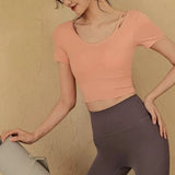 Women's Quick-Dry Yoga Sports Top with Chest Cushion Sexy Short-Sleeved Fitness T-Shirt Tight-Fitting Navel Revealing Yoga Suit