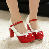 Plus Size Crossed Thin Ribbon Bow Shallow High-Heeled Shoes Patent Leather Splicing White PU Sweet Lolita Style Pumps
