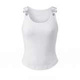 Women's Solid Color Ribbed Tank Tops Stylish Sleeveless Camisole with Metal Buckle Straps and Curved Hemline