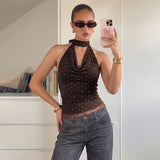 FDYOUI Women's Chic Polka Dot Tanks Top 2026 Summer Off Shoulder Lace Patchwork Corset Bandage Backless Crop Tops Streetwear