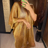 Sexy Fringe Tassel Mesh Sheer Shiny Knitted Tunic Beach Cover Up Cover-ups Beach Dress Beach Wear Beachwear Female Women V3321