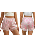 Summer Women’s Satin Lace Hem Shorts Elastic Waist Loose Fit Wide Leg Short Pants Casual Lounge Bottoms Solid Color