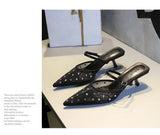 BIGTREE Crystal Mesh Fabric Pointed Toe Slippers Women Sexy Elegant Buckle Strap Party Prom Thin Low Heels Mule Shoes