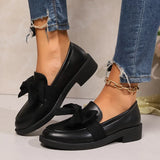 2025 Spring Black Bow Tie Loafers Women Preppy Platform Thick Sole Pumps Lady British Retro Style Office Pu Leather Shoes Mujer
