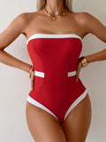 Sexy Black White Patchwork Swimwear Women 2026 Bandeau Slim Tummy Conrtol One Piece Swimsuit Beach Bathing Suit Holiday Monokini