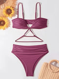 V Neck Wrinkled Stain Bikinis Female Swimsuit High Waist Bikini Women Swimwear Two-pieces Bikini Set Bather Bathing Suit Swim