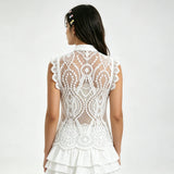 Women's Solid Color Lace Tank Tops Mandarin Collar Sleeveless Frog Buttons Summer Vest