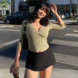 FDYOUI Women's T-shirt Tops Casual Fashion Lace Patchwork Green T Shirts Female Clothing V-neck Ruched Slim Crop Top Streetwear