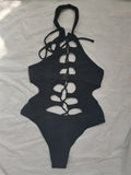 Hollow Out Swimwear Women 2025 High Neck Solid Black Cut Out Backless Monokini Bandage Bathing Suit Holiday One Piece Swimsuit