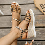 2025 Wedge Heel Leopard Print Sandals Women Fashion Crystal Flowers Thick Bottom Sandalias Mujer Cross Band Platform Sandles 43