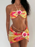 3D Flowers with Mesh Skirt Halter Bandeau Bikini Women Swimsuit Female Swimwear Three-pieces Bikini Set Bathing Suit Beachwear