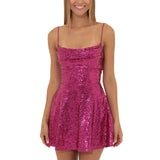 Women Sexy Solid Color Shiny Sequins Mini Dress Summer Sleeveless Backless A-Line Dress for Party Cocktail Beach