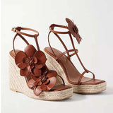 Flower Square Toe High-Heeled Shoes for Women, Slope Heels, Summer Gold One-Piece Sandals High-End Grass Woven Sandals for Women