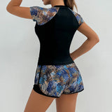 Sports Swimsuit for Women 2026 New 2 Piece Swimsuit High Waist Tankini Short Sleeve Round Neck Patchwork Bikini Set Swimwear