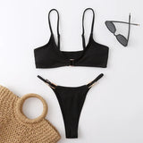 Sexy Ribbed Metal Rings High Cut Bikini Female Swimsuit Women Swimwear Two-pieces Bikini Set Micro Thong Bathing Suit Swim Lady