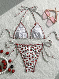 Sexy White Strawberry Print Mini Bikini 2026 Women Bow Strap Push Up Tie Side Thong Swimsuit Beach Holiday Bathing Suit Swimwear