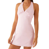 Women's Summer Fashion Party Beach Halter Neck Tank Dresses Sleeveless Deep V Neck Solid Color/Floral Print Mini Dress