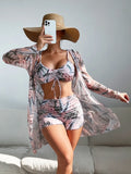New Sexy 3 Pieces Suit for Women Neck Hanging Bikini Set+Cover-up Swimwear Sunproof Tankini High Waist Shorts Swimsuit Beachwear