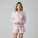 Women Spring Summer Striped Print Pajamas Set Long Sleeve Button-up Tops and Ruffle Shorts 2 Piece Sleepwear Outfit