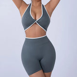 2pcs Women's Seamless Push-up Sports Vest Bra Set with High Elastic Hip Lifting Shorts for Running Aerobics Yoga